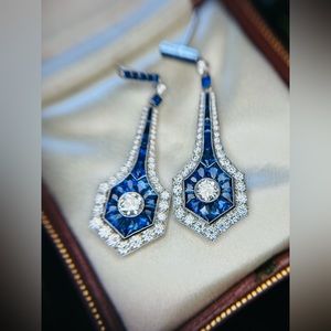 Platinum Antique Old European Cut Diamond Natural Custom Cut Sapphire Earrings